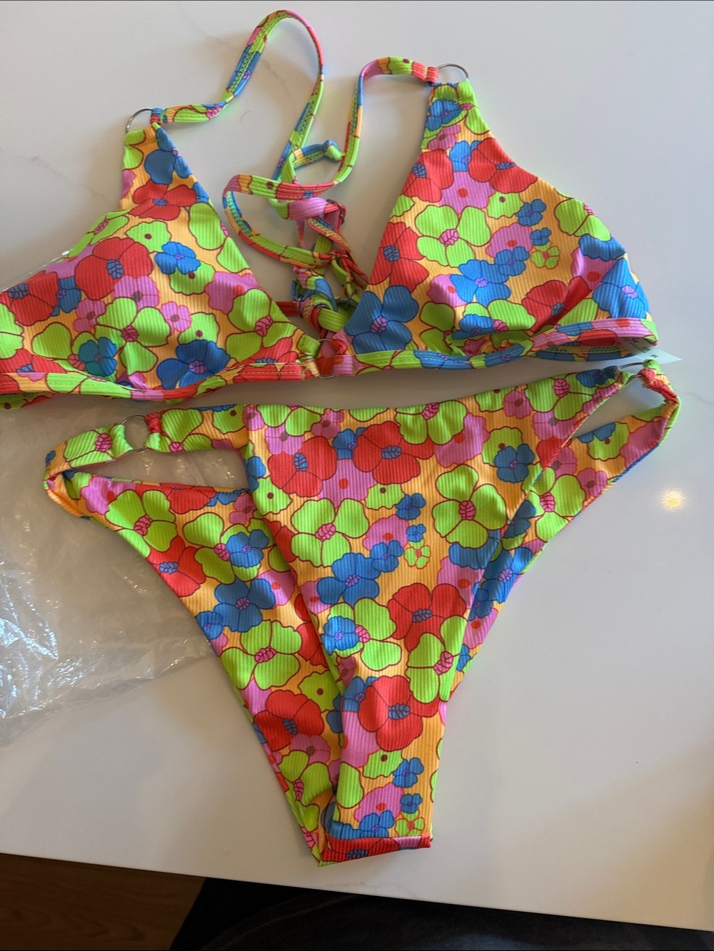 Neon Floral Tie-Back Bikini Set - Pink, Lime & Blue